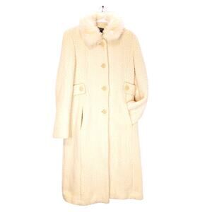 Moda International Wool Blend Coat Faux Fur Collar Button Up Cream Womens Size 2